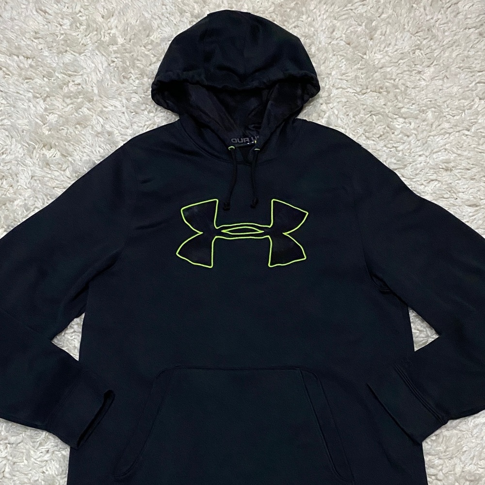 Under Armour Black Mens Hoodie with Bright green trimmed  Logo size Large